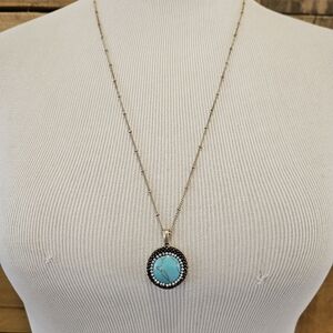 Faux Turquoise Cabochon/Rhinestone Pendant On A Matte Goldtone Necklace